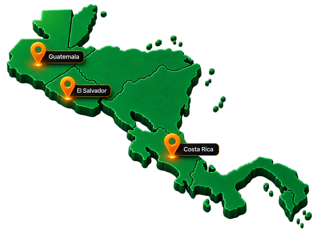 Mapa 3D de Centroamérica con marcadores de cobertura en Guatemala, El Salvador y Costa Rica